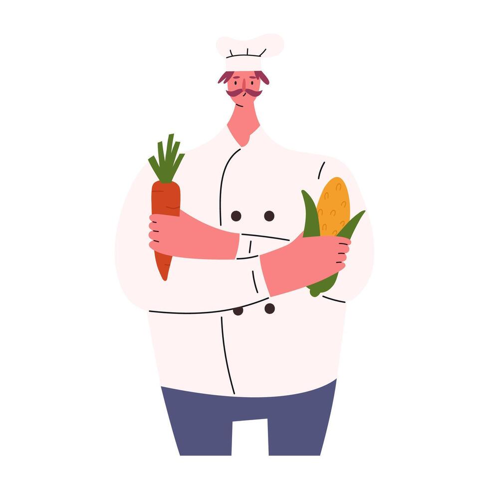 Professional chef in uniform holding vegetables, cartoon flat vector illustration isolated on white background. Character cooking vegetarian food. Concepts of career, restaurant and cooking school.