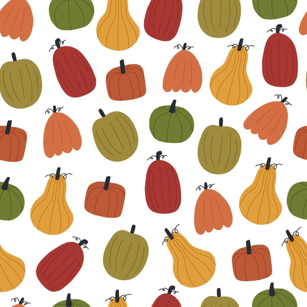 Cute hand drawn pumpkins, seamless pattern on white background. Cozy autumn background. Simple naive art style. vector