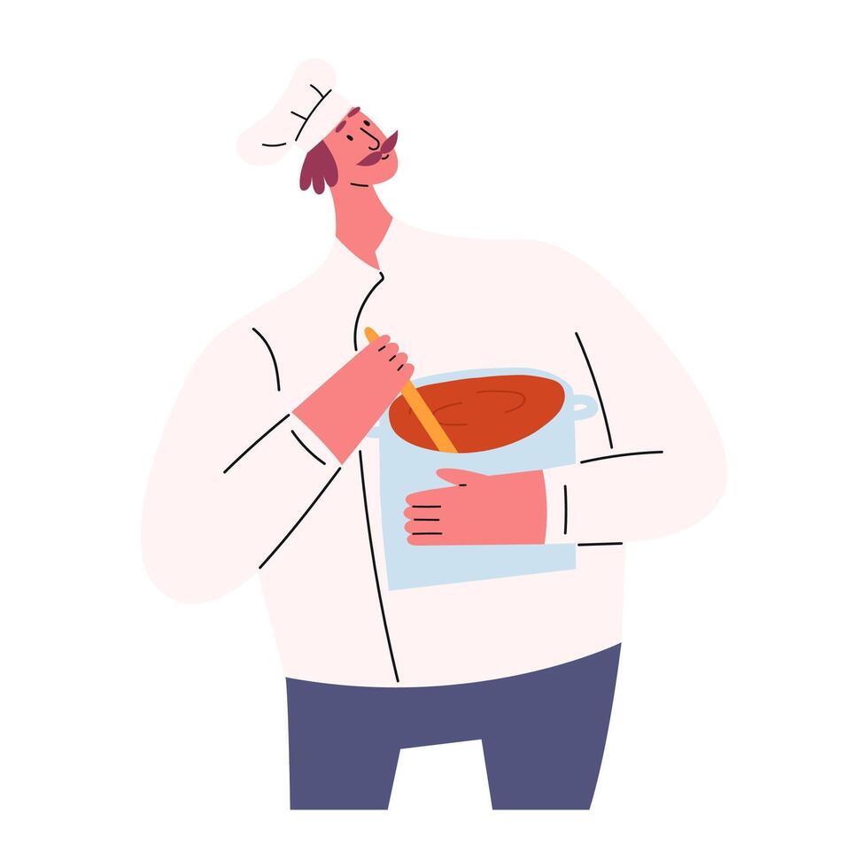 Chef with mustaches in uniform stirring food in pan, flat vector illustration isolated on white background. Cartoon character of professional chef cooking soup. Concepts of career and restaurants.
