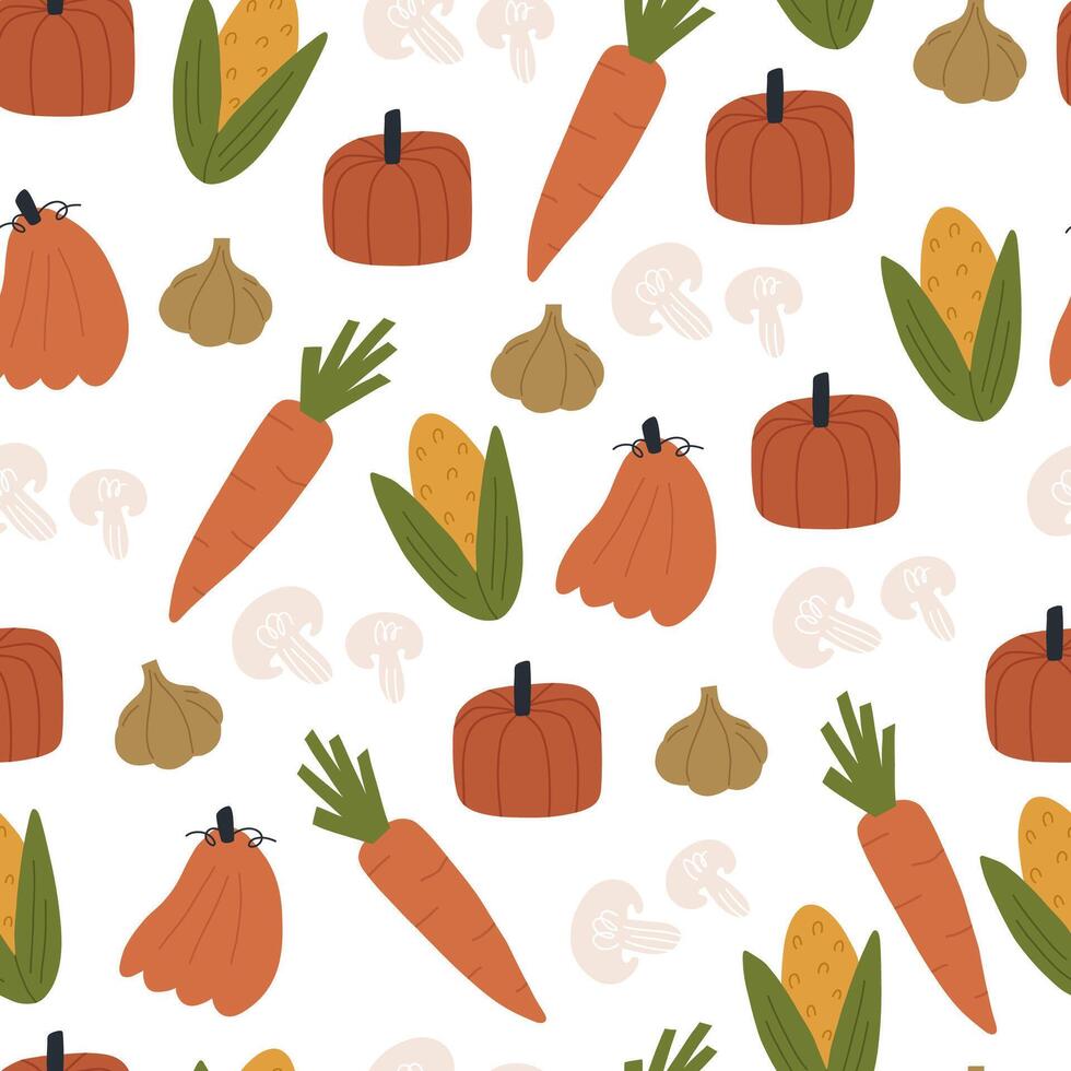 otoño comida sin costura modelo en blanco antecedentes. estacional otoño vegetales - calabaza, maíz, zanahoria, ajo y hongos. linda mano dibujado modelo. vector