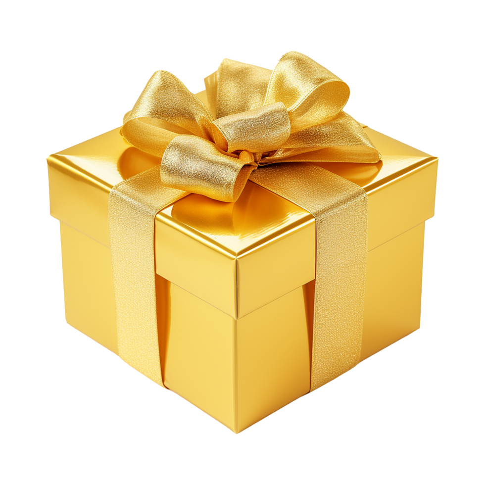 AI generated Golden gift box with bow isolated on transparent background png