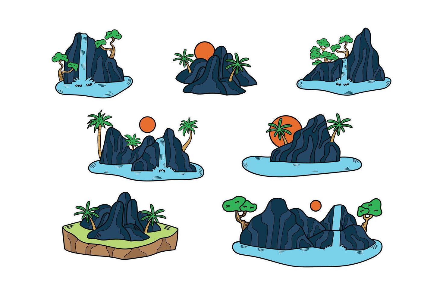 mano dibujado isla y cascada en plano estilo vector