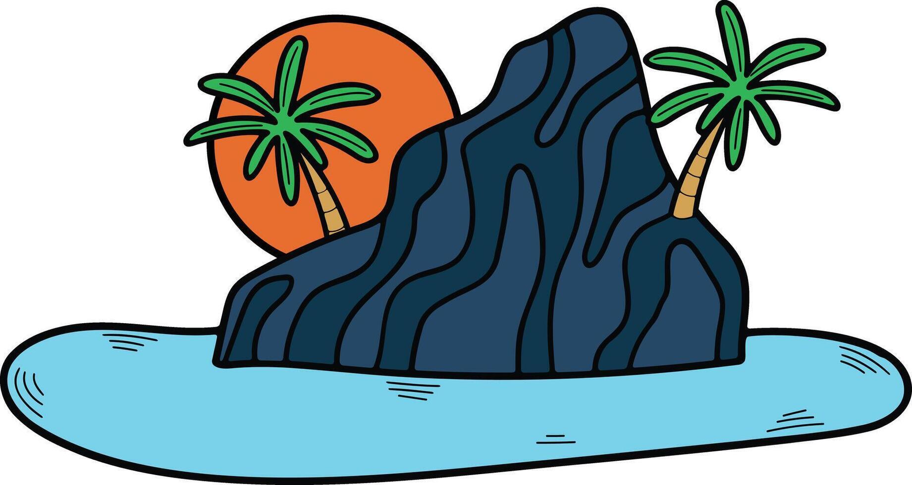 mano dibujado isla y cascada en plano estilo vector