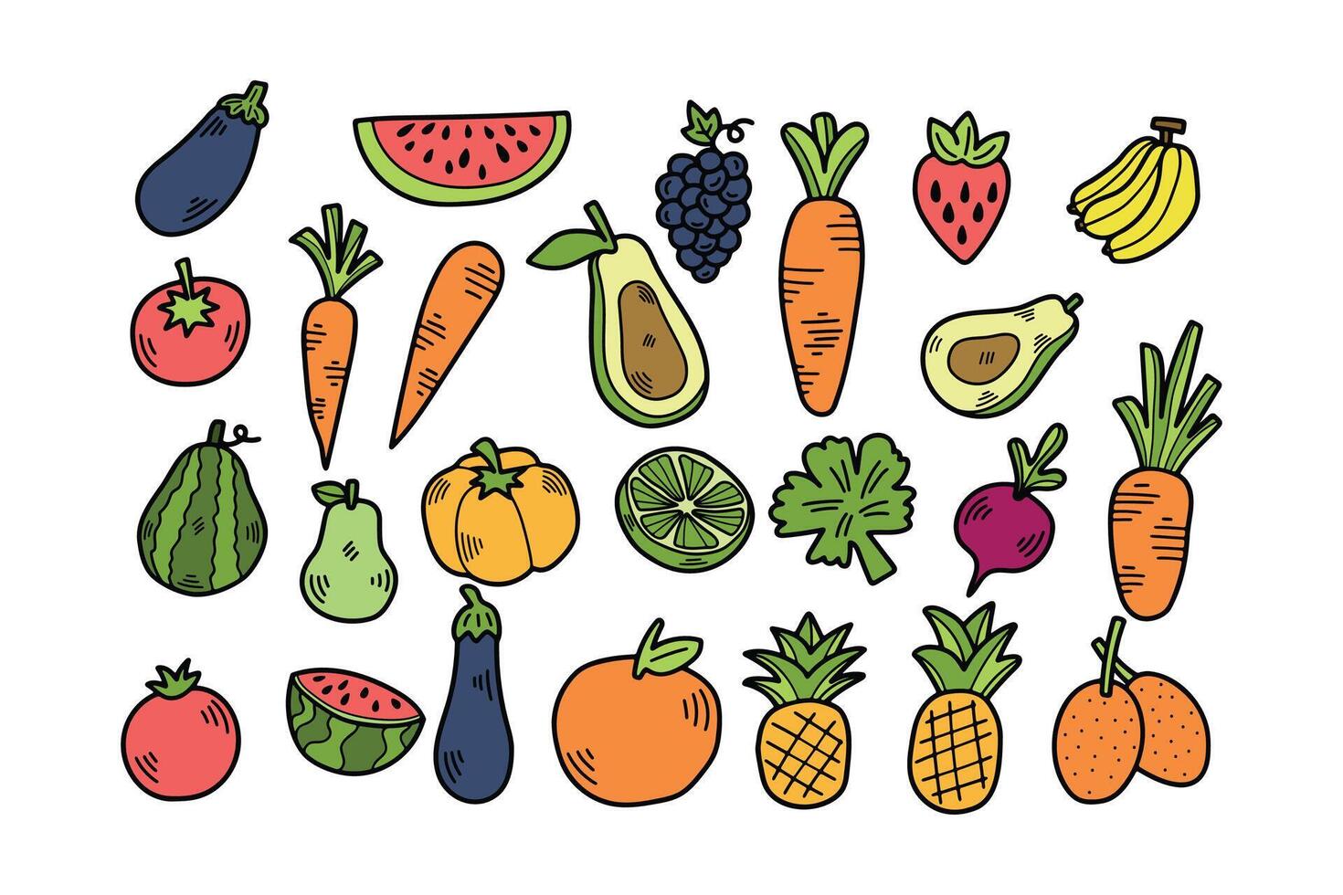 Hand Drawn Vegetable and fruit set in flat style vector