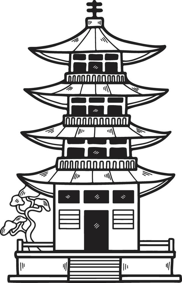 mano dibujado japonés y chino estilo pabellones o pagodas en plano estilo vector