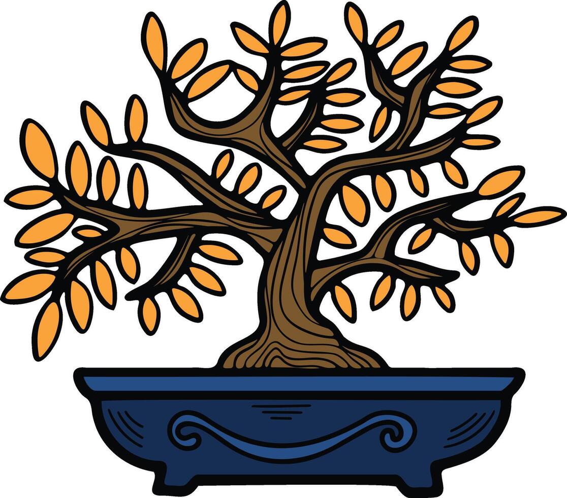 Hand Drawn Japanese and Chinese style bonsai trees in flat style vector