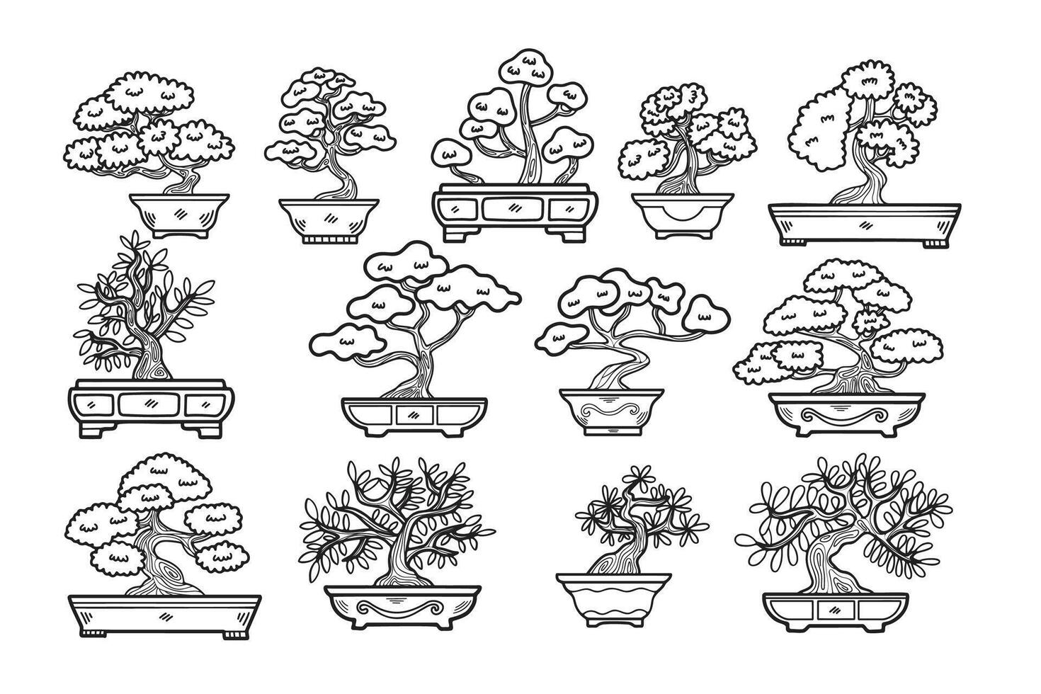 Hand Drawn Japanese and Chinese style bonsai trees in flat style vector