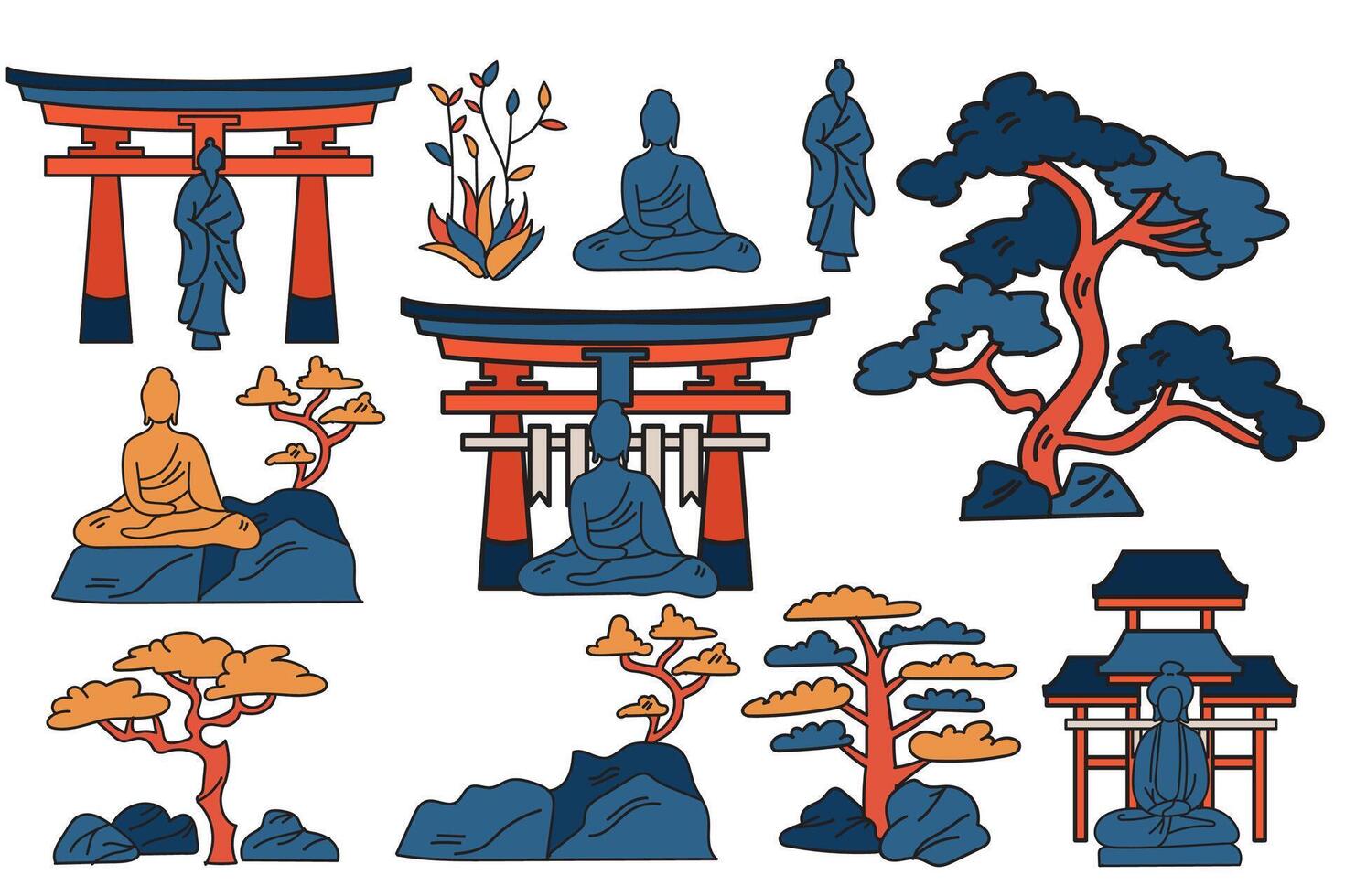 mano dibujado japonés y chino estilo pabellones o pagodas en plano estilo vector