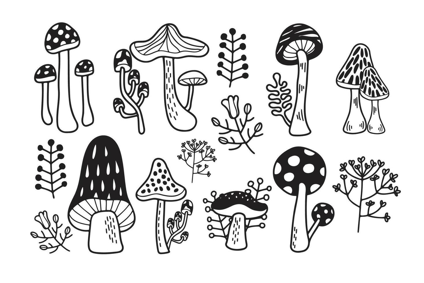 Hand Drawn Mushrooms or poisonous mushrooms in flat style vector