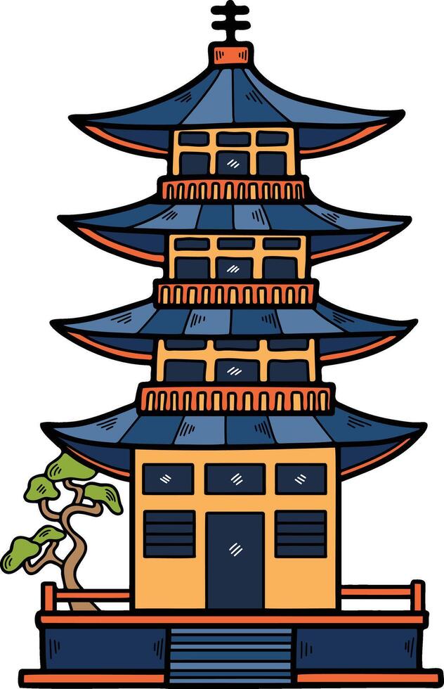 mano dibujado japonés y chino estilo pabellones o pagodas en plano estilo vector