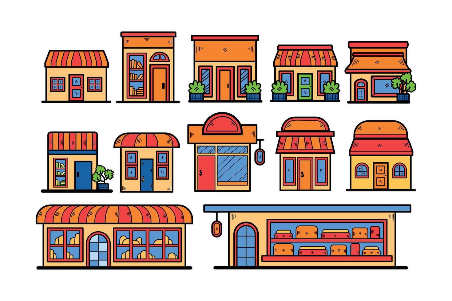 mano dibujado tienda frentes y edificios en plano estilo vector