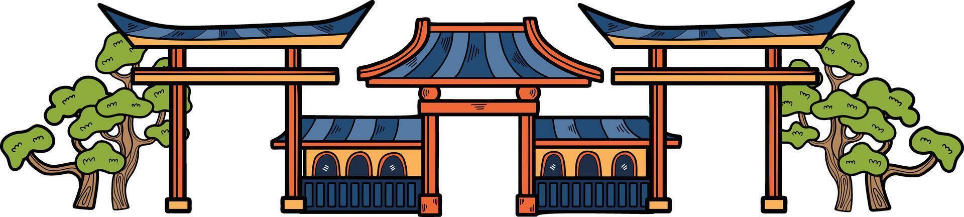 Hand Drawn Japanese and Chinese style pavilions or pagodas in flat style vector