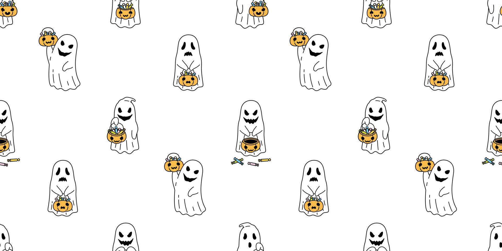 Ghost seamless pattern Halloween spooky pumpkin basket candy cartoon vector scarf isolated tile background repeat wallpaper devil evil doodle illustration gift wrap paper design