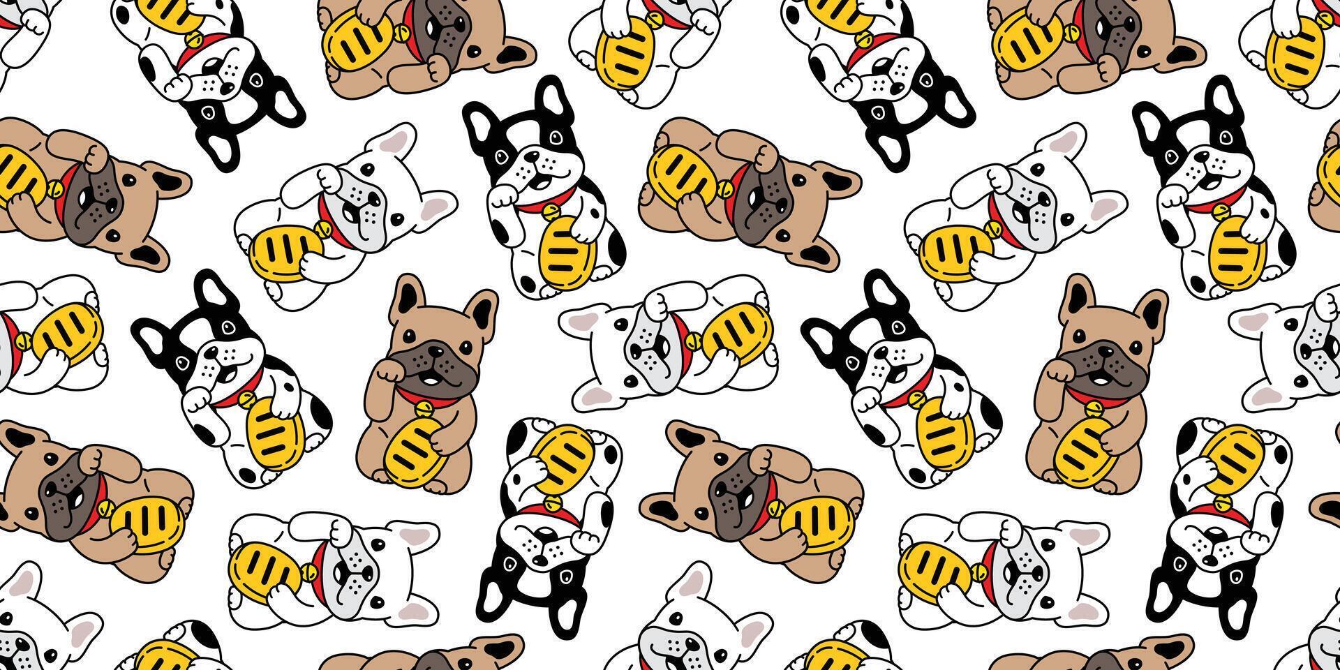 dog seamless pattern french bulldog lucky cat japan Maneki Neko vector repeat wallpaper tile background scarf isolated cartoon pet puppy doodle illustration design