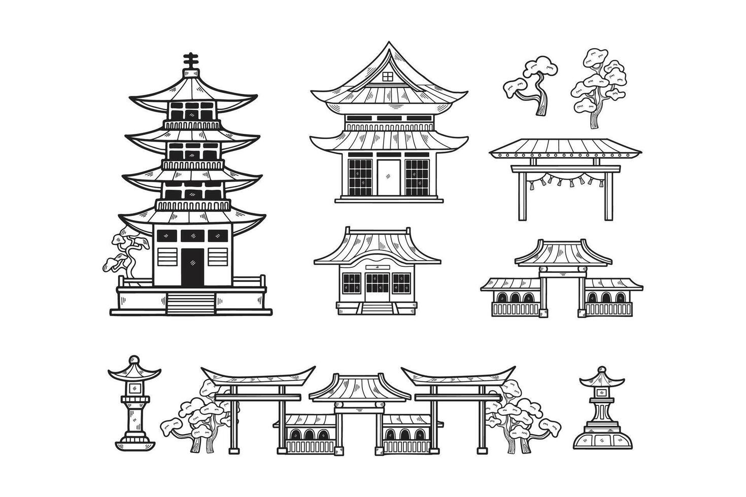 Hand Drawn Japanese and Chinese style pavilions or pagodas in flat style vector