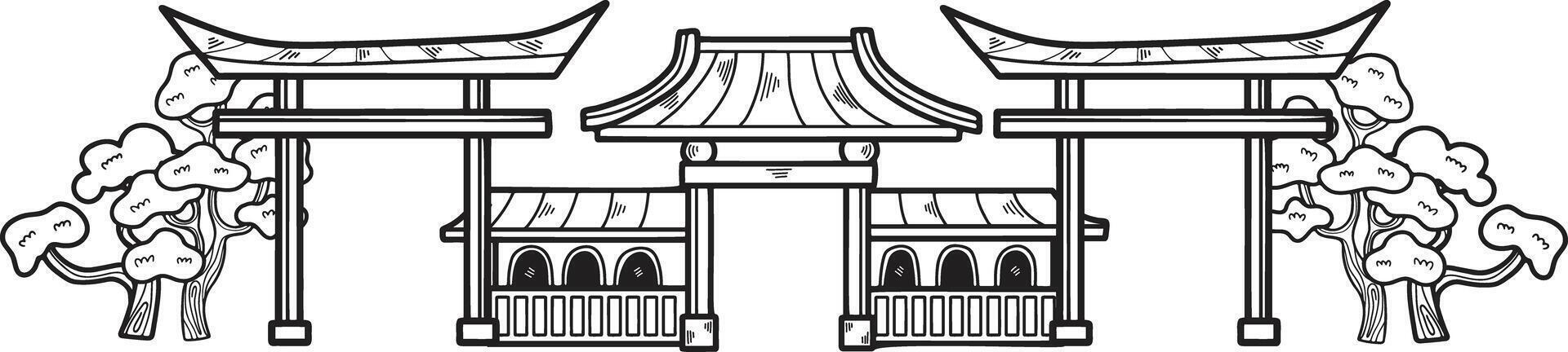 Hand Drawn Japanese and Chinese style pavilions or pagodas in flat style vector