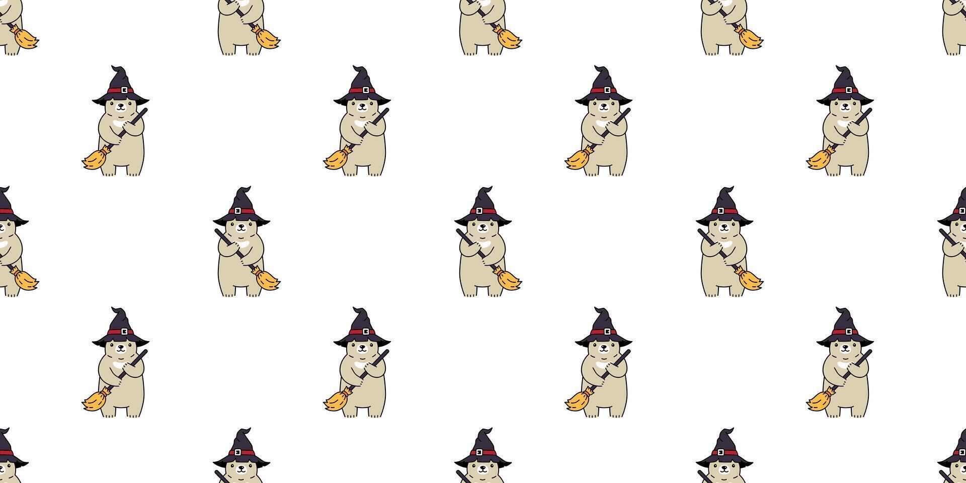 bear seamless pattern Halloween polar bear witch broom hat vector ghost tile background repeat wallpaper scarf isolated cartoon character illustration design