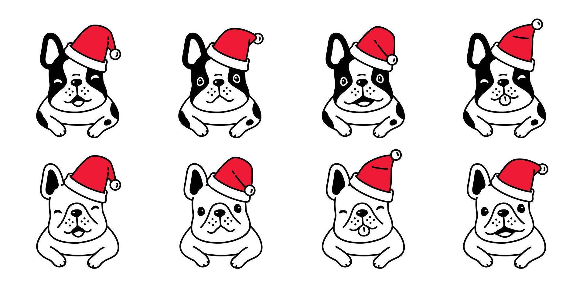 perro vector Navidad francés buldog Papa Noel claus sombrero perrito mascota icono personaje dibujos animados símbolo bufanda ilustración garabatear diseño