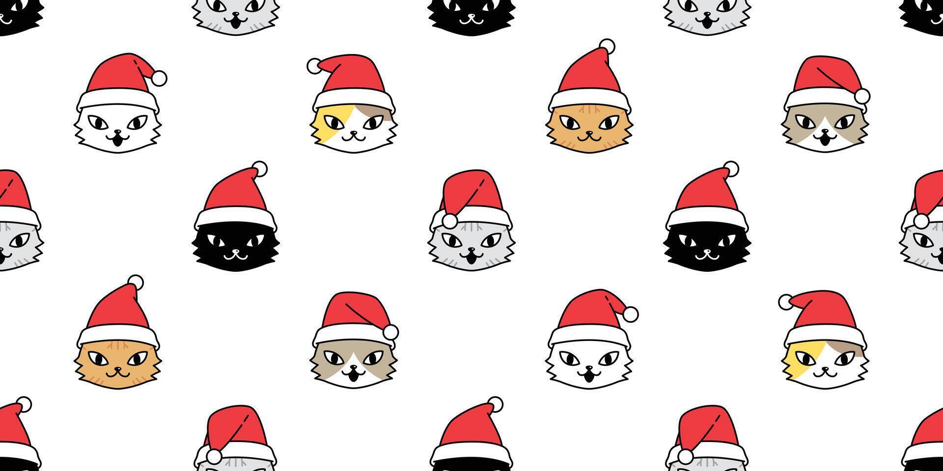 gato sin costura modelo Navidad Papa Noel claus sombrero gatito vector cabeza dibujos animados bufanda aislado repetir fondo de pantalla loseta antecedentes ilustración garabatear diseño