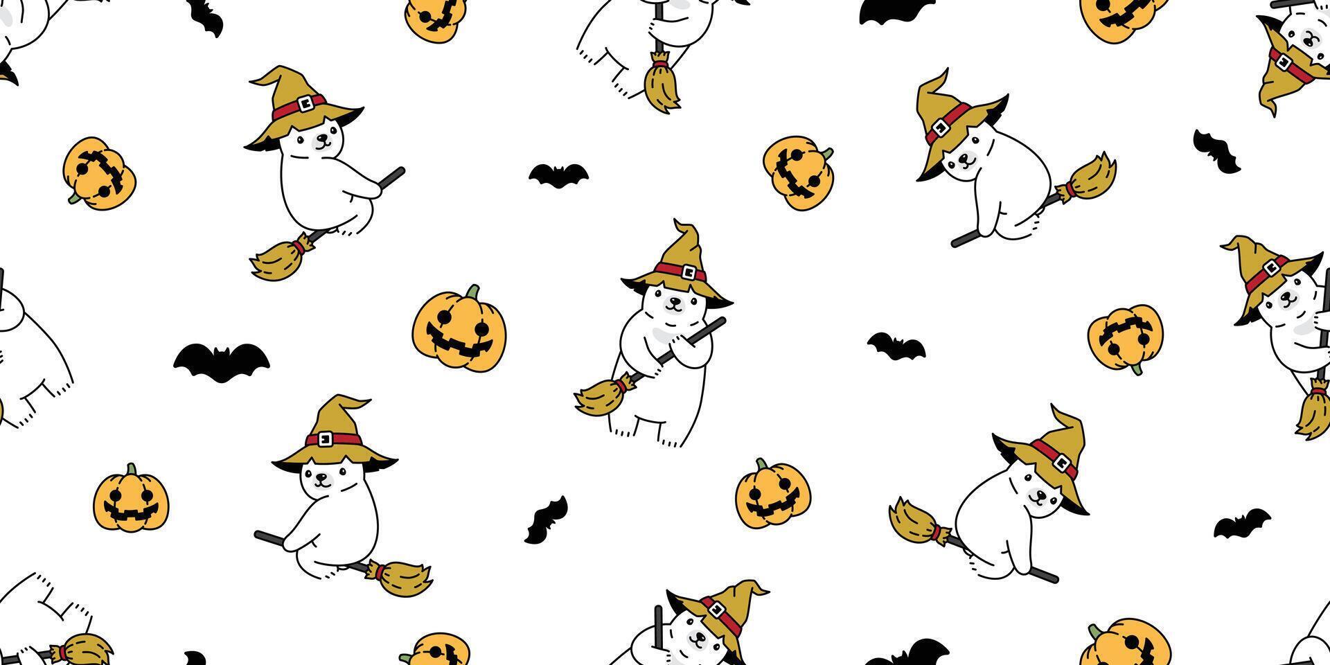 bear seamless pattern Halloween pumpkin polar bear witch broom hat vector bat ghost tile background repeat wallpaper scarf isolated cartoon character illustration design