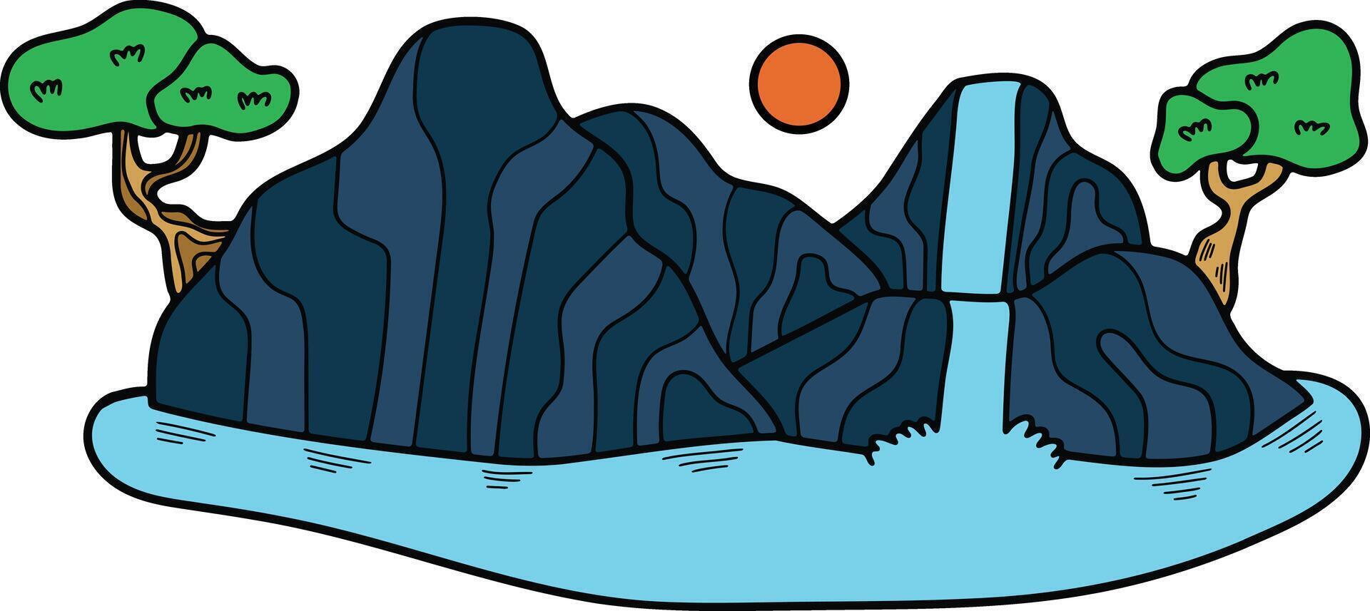Hand Drawn island and waterfall in flat style vector
