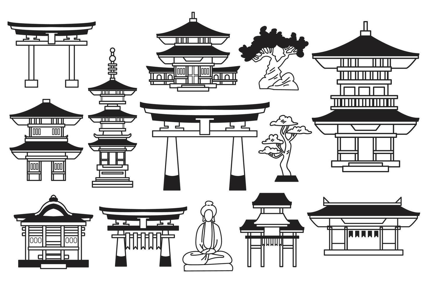 Hand Drawn Japanese and Chinese style pavilions or pagodas in flat style vector