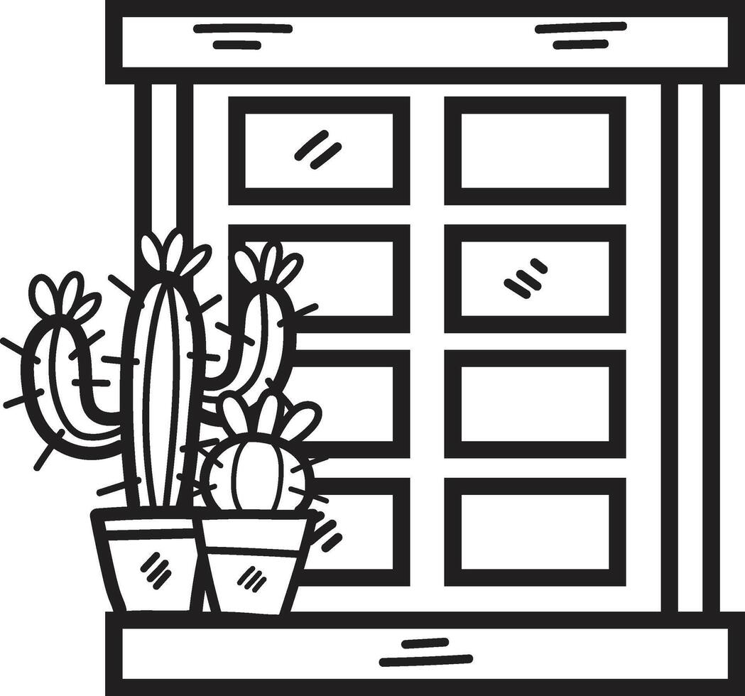 mano dibujado ventana y cactus en plano estilo vector