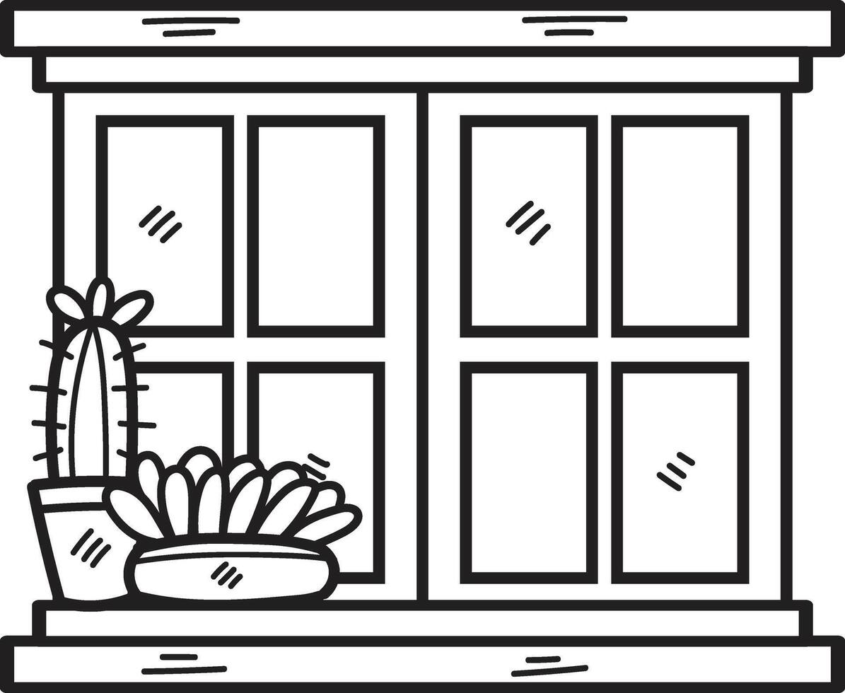 Hand Drawn Window and cactus in flat style vector