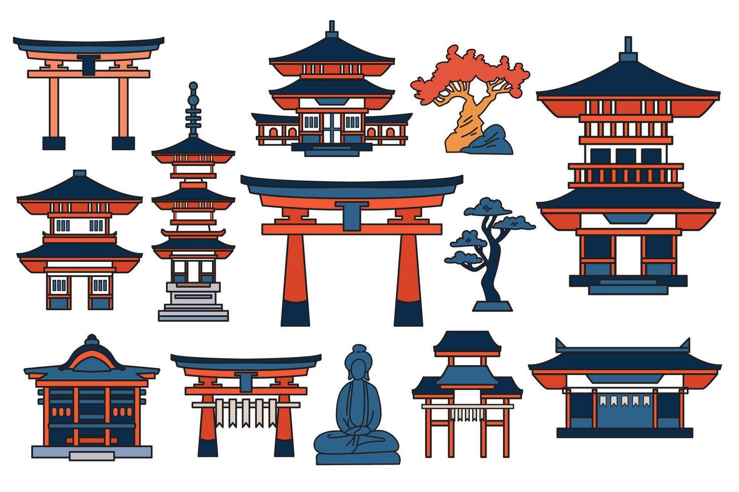 mano dibujado japonés y chino estilo pabellones o pagodas en plano estilo vector