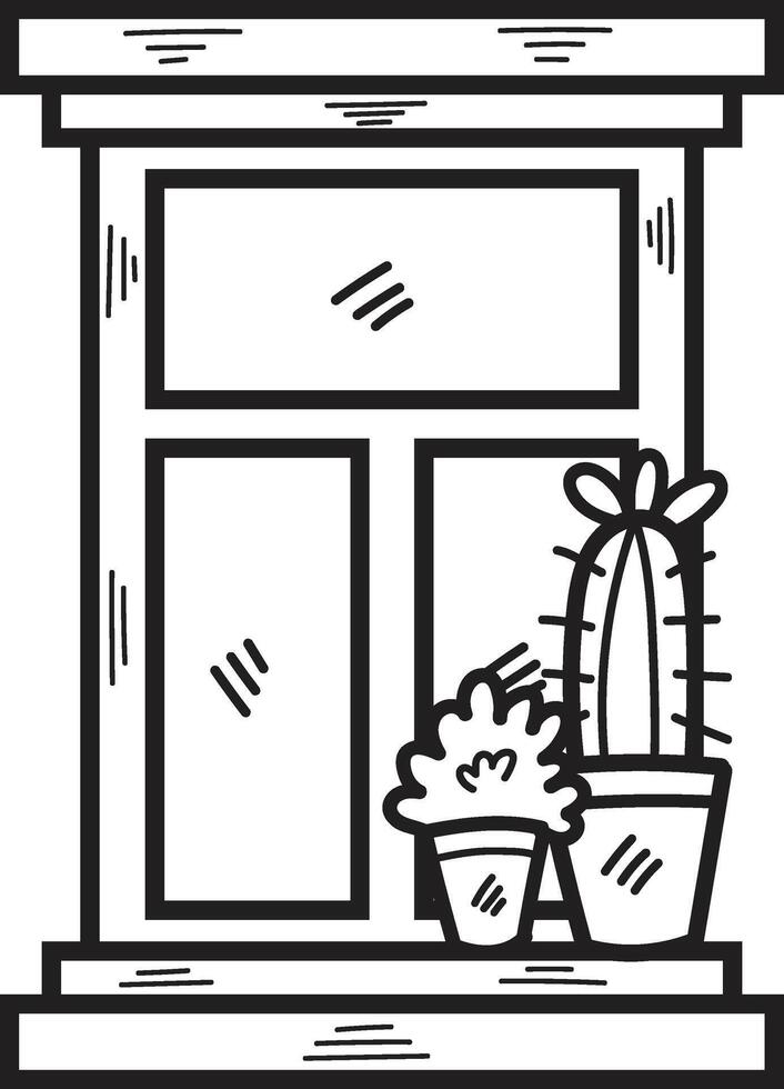 Hand Drawn Window and cactus in flat style vector