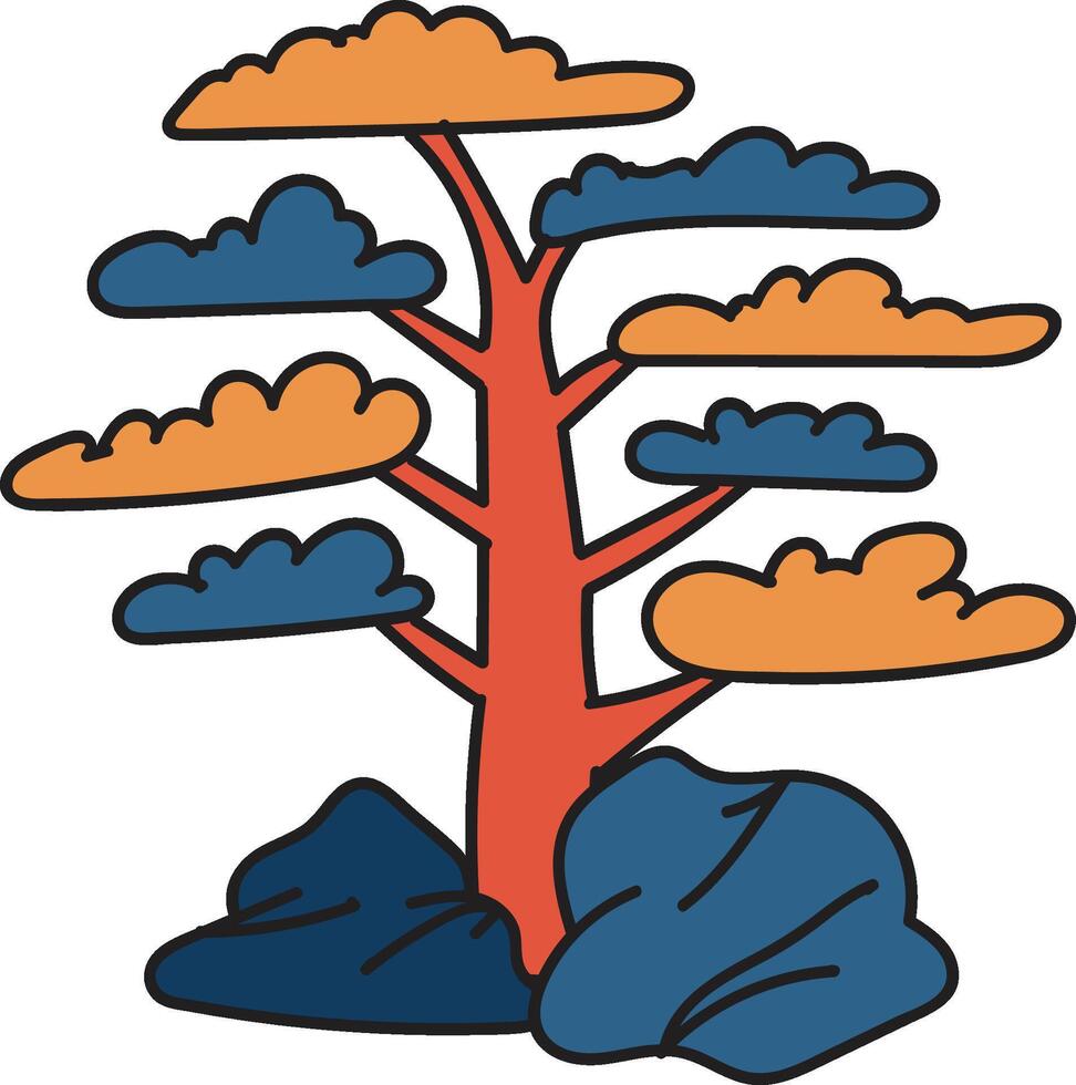 Hand Drawn Japanese and Chinese style bonsai trees in flat style vector