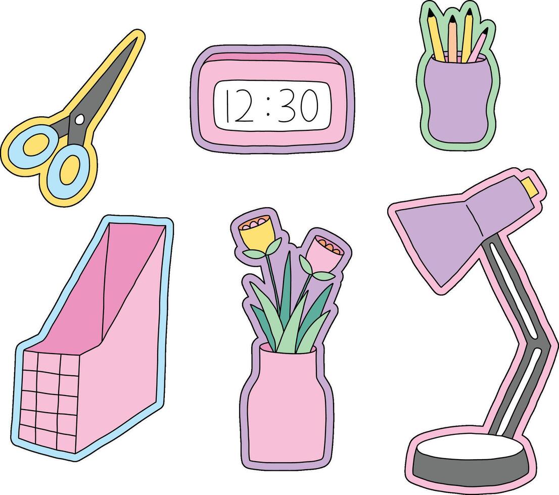 Pop Vibrant Desk Essential Icon set Illustration Vector