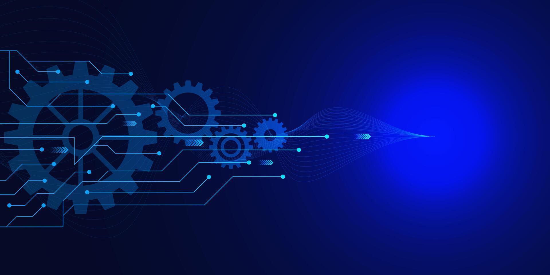 Abstract futuristic gear wheel on circuit board. Hi-tech, digital telecoms, network connection, technology and engineering concept background. Vector illustration.