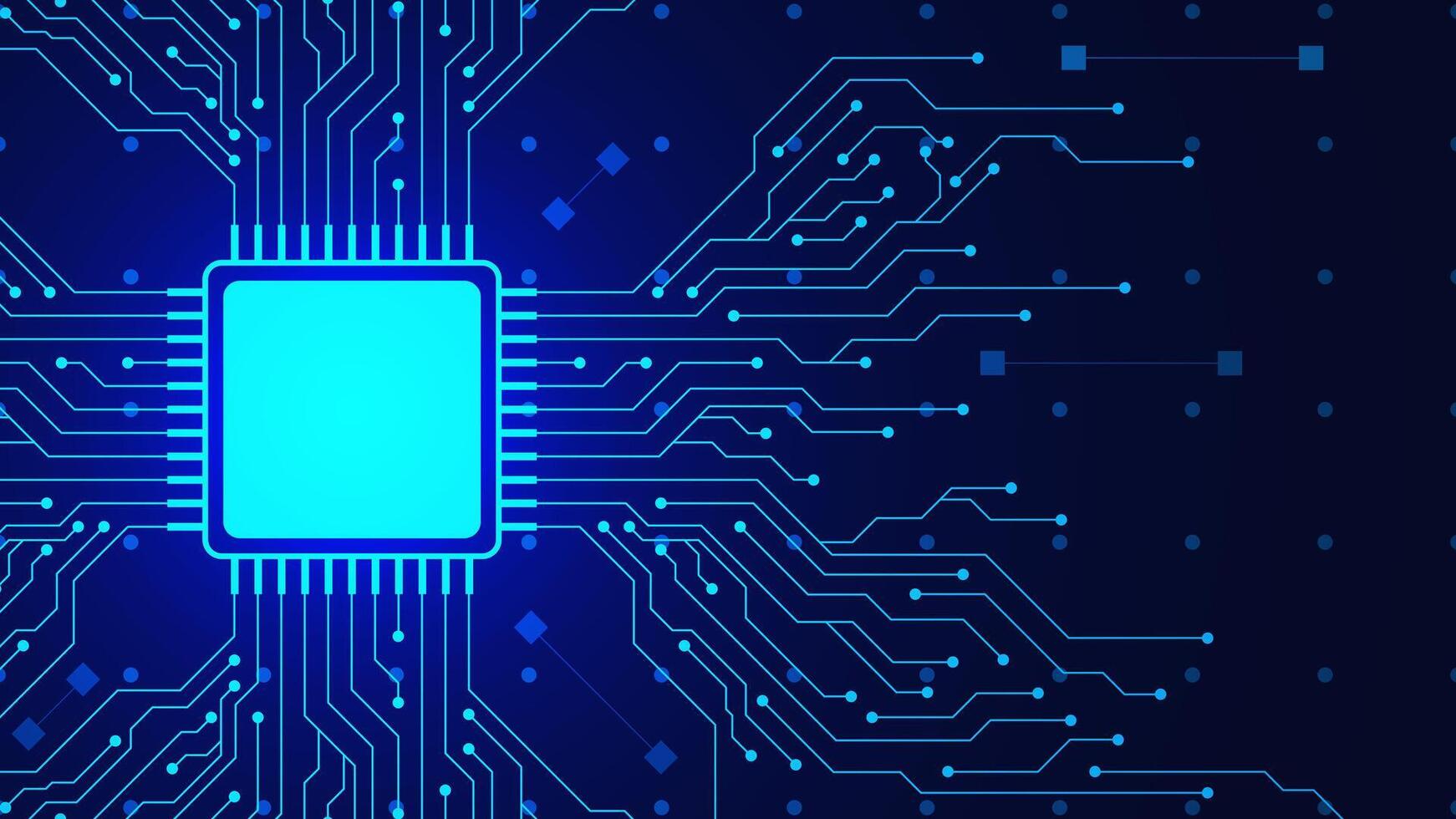 Microchip with circuit board. Central computer processor CPU and motherboard digital chip for modern technology concept background. Vector illustration.