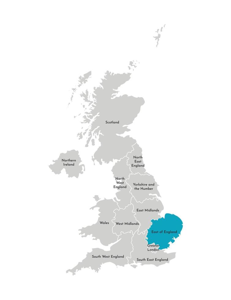 vector aislado ilustración de simplificado administrativo mapa de el unido Reino, Reino Unido. azul forma de este de Inglaterra. fronteras y nombres de el regiones. gris siluetas blanco contorno