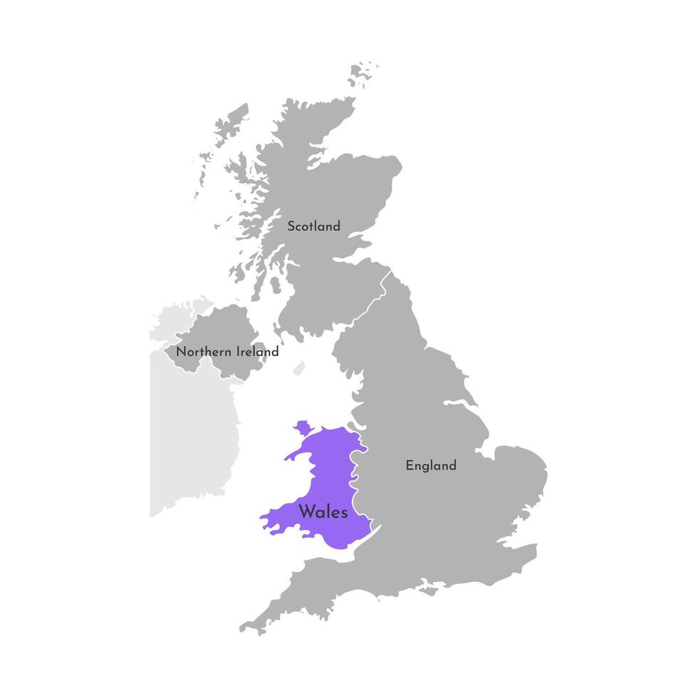 Vector isolated simplified illustration icon with grey silhouette of United Kingdom of Great Britain and Northern Ireland provinces. Selected administrative division Wales. White outline