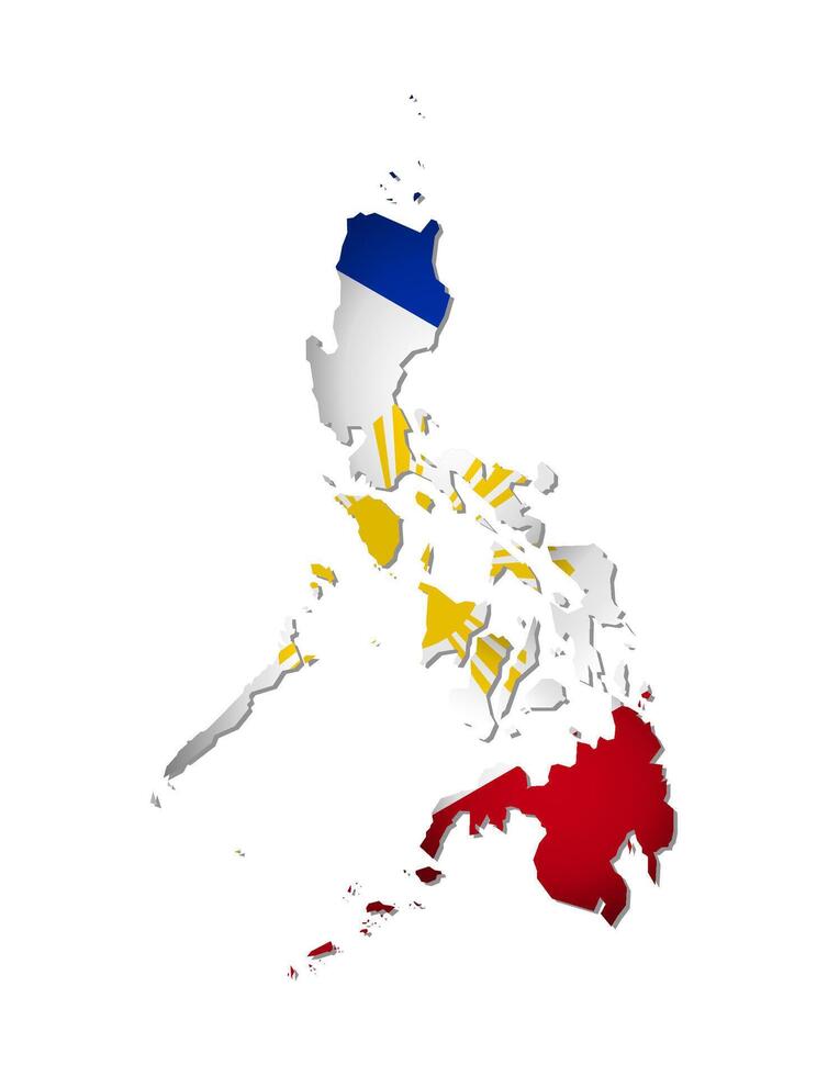 Vector isolated illustration with Philippines national flag with shape of Philippine map simplified. Volume shadow on the map. White background.