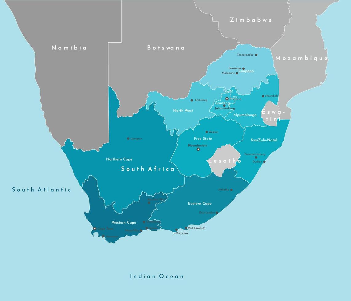 Vector modern illustration. Simplified geographical map of Republic of South Africa and borders with countries. Blue background of Indian Ocean. Names of cities and provinces of South Africa