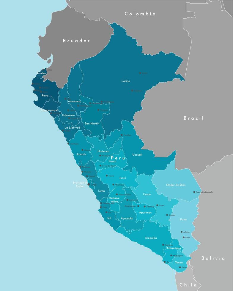 vector ilustración. simplificado administrativo mapa de Perú. azul antecedentes de Pacífico océano. fronteras con Brasil, Ecuador, Colombia, Chile Bolivia nombres de peruano ciudades, provincias