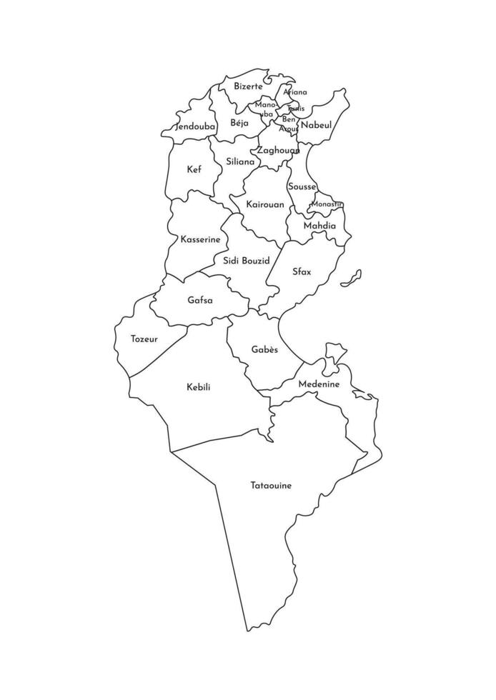 Vector isolated illustration of simplified administrative map of Tunisia. Borders and names of the governorates, regions. Black line silhouettes.