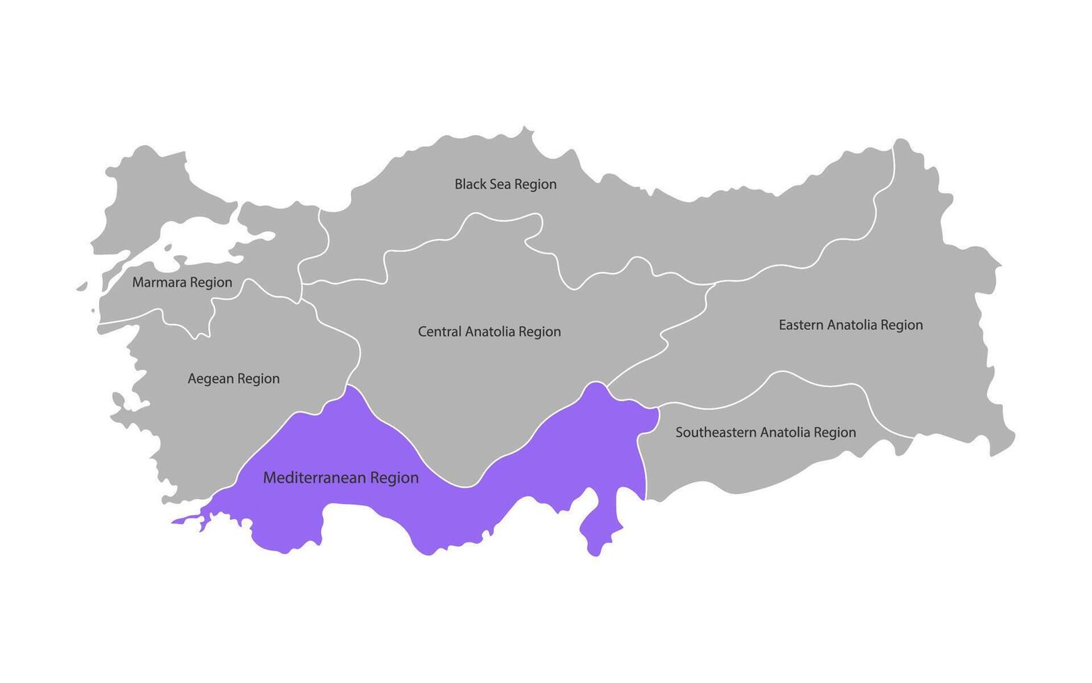 vector aislado simplificado mapa de Turquía regiones. marcado Mediterráneo región. fronteras y nombres de administrativo divisiones gris siluetas, blanco antecedentes