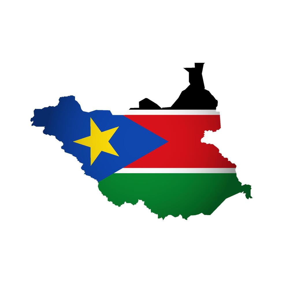 Vector isolated illustration with national flag with shape of South Sudan map simplified. Volume shadow on the map. White background