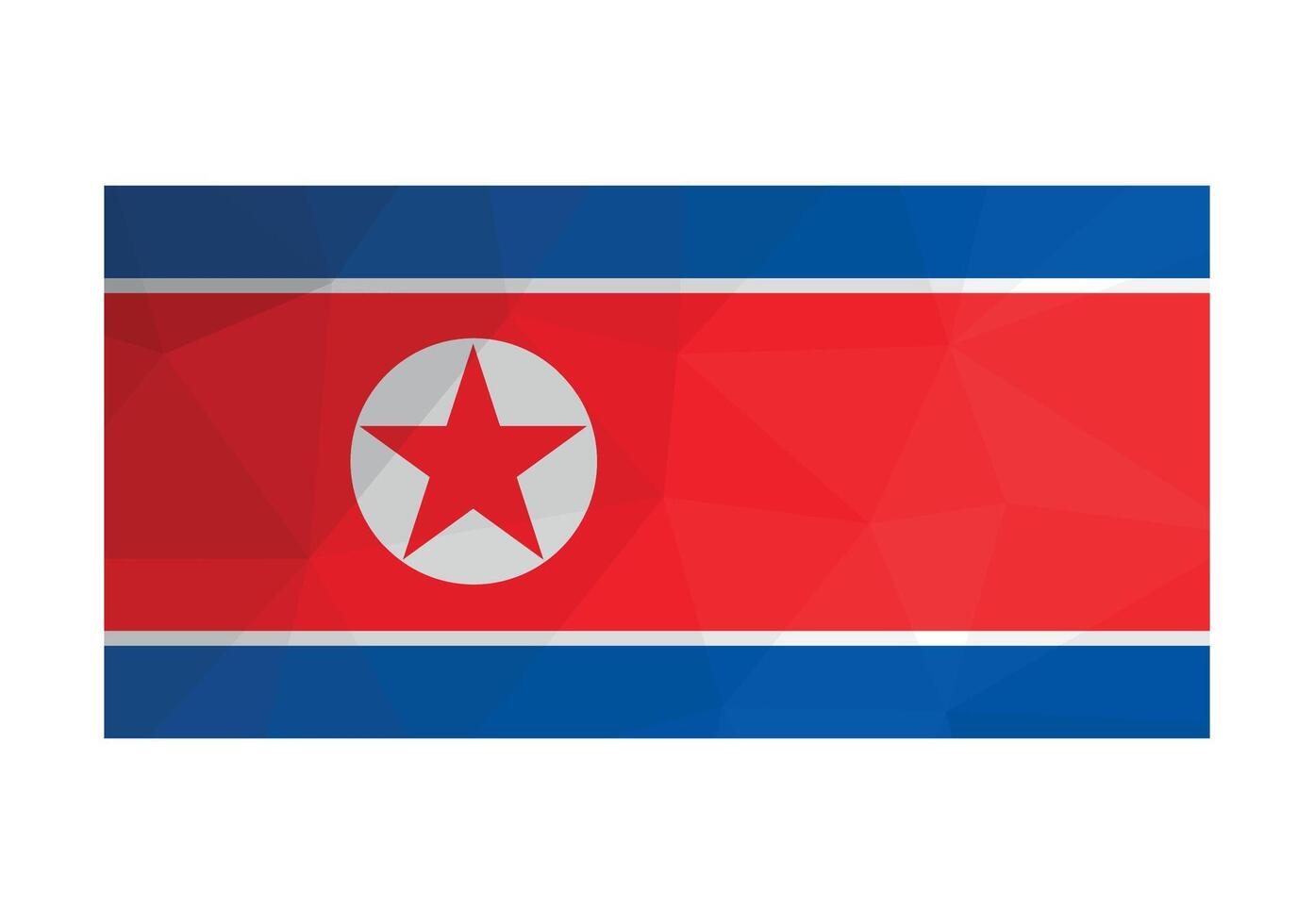 Vector illustration. Official ensign of North Korea. National flag with star on background from blue, white, red stripes. Creative design in polygonal style with triangular shapes