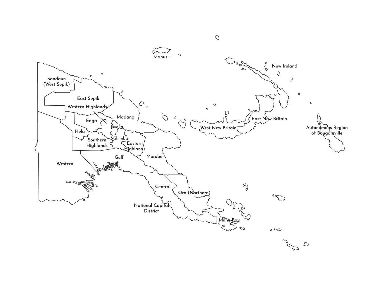 Vector isolated illustration of simplified administrative map of Papua New Guinea. Borders and names of the province. Black line silhouettes.