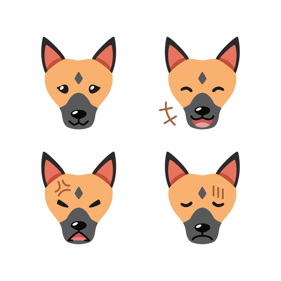 Set of cute character german shepherd dog faces showing different emotions vector