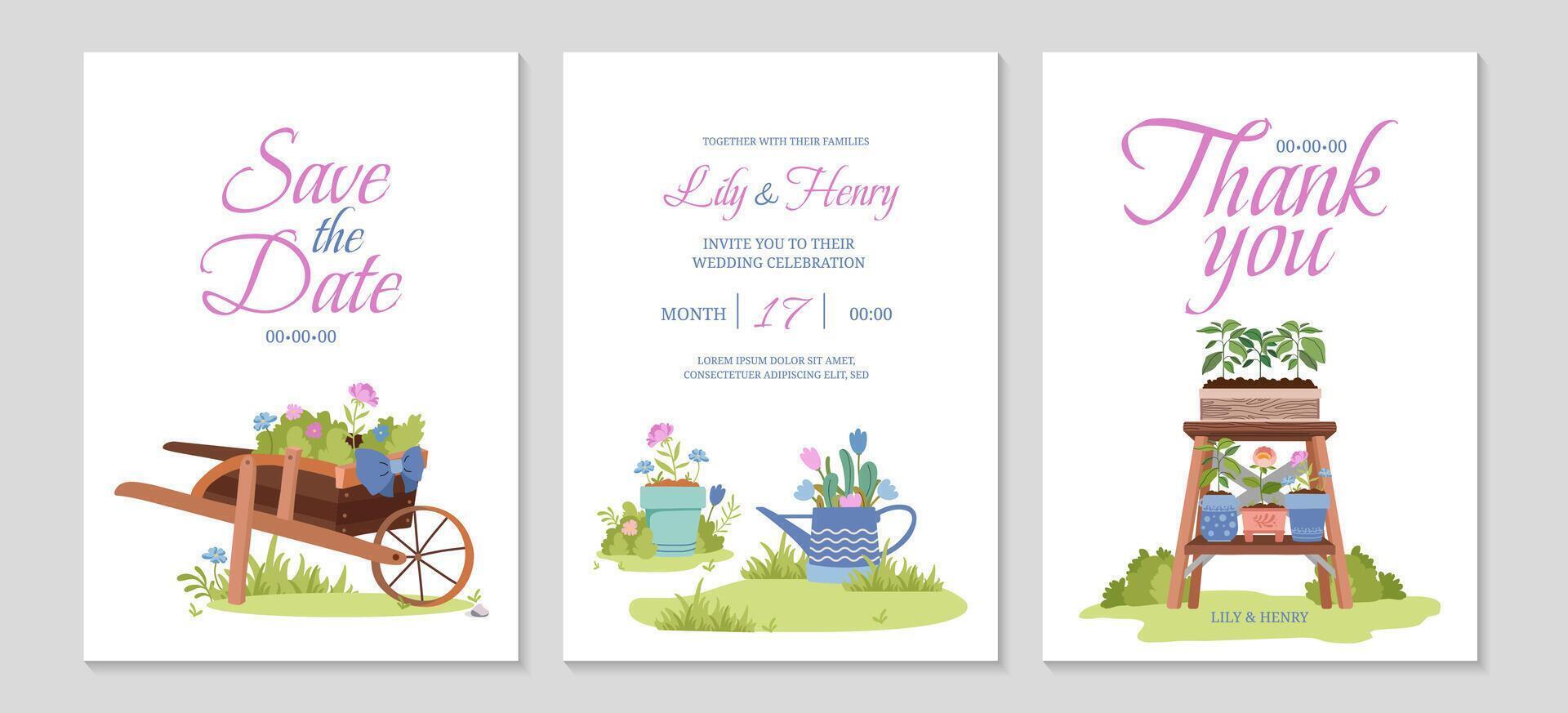 Rustic garden wedding invitation. Spring wedding posters template. Background for greeting cards. Wheelbarrow, watering can and flower pots decorated with flowers and herbs. Vector flat illustration.