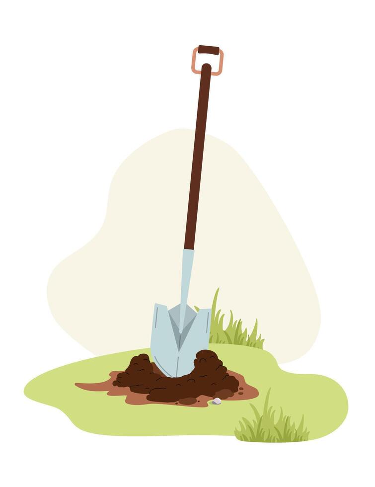 Hole of earth. Garden shovel and soil. digging for planting. Items for gardening and farming. Hole in ground for planting plants. Agriculture and farming. Isolated Vector flat Illustration.