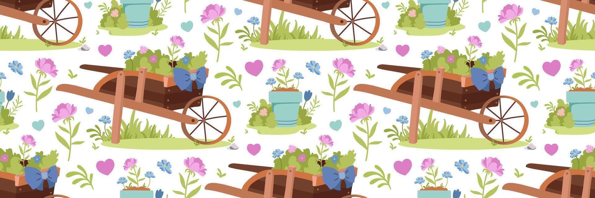 Garden decorative wheelbarrow pattern. Spring Holiday decorated cart and houseplant in pot. Flowers and heart. Background for textile, wallpaper, packaging, invitation, postcard. Vector illustration.