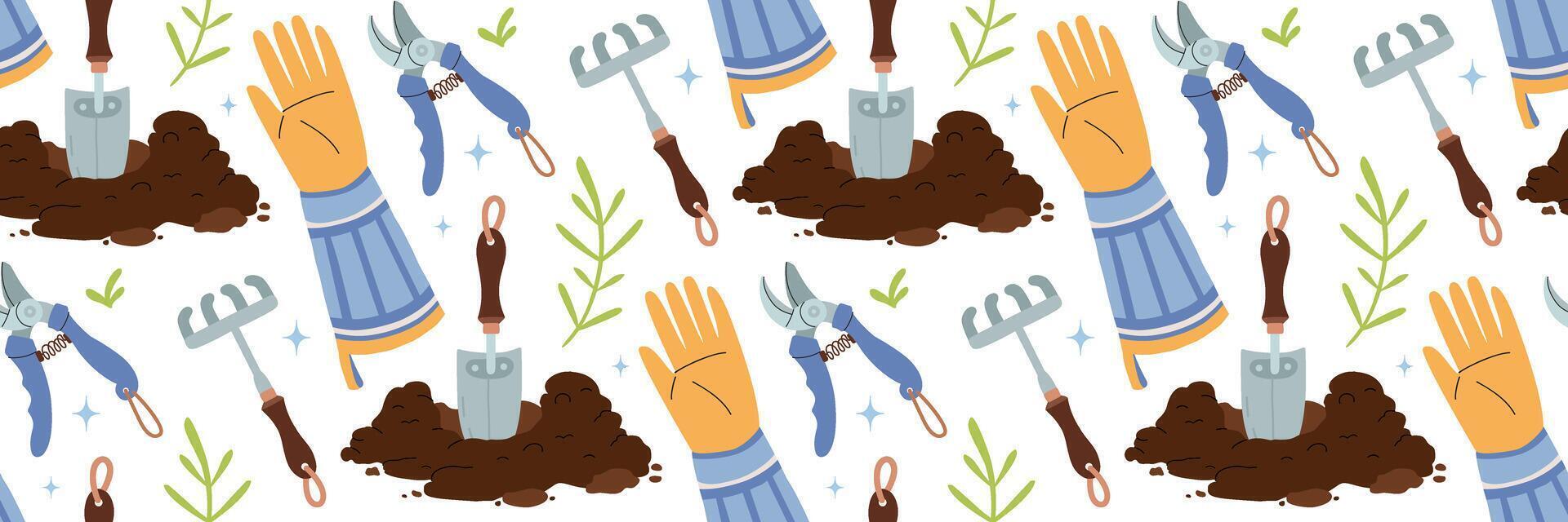 Garden growing tools pattern. Agriculture Items shovel, Hole of earth, yellow gardening gloves, rake, pruner. Growing vegetables, flowers. Background for textile, wallpaper. Vector flat illustration.
