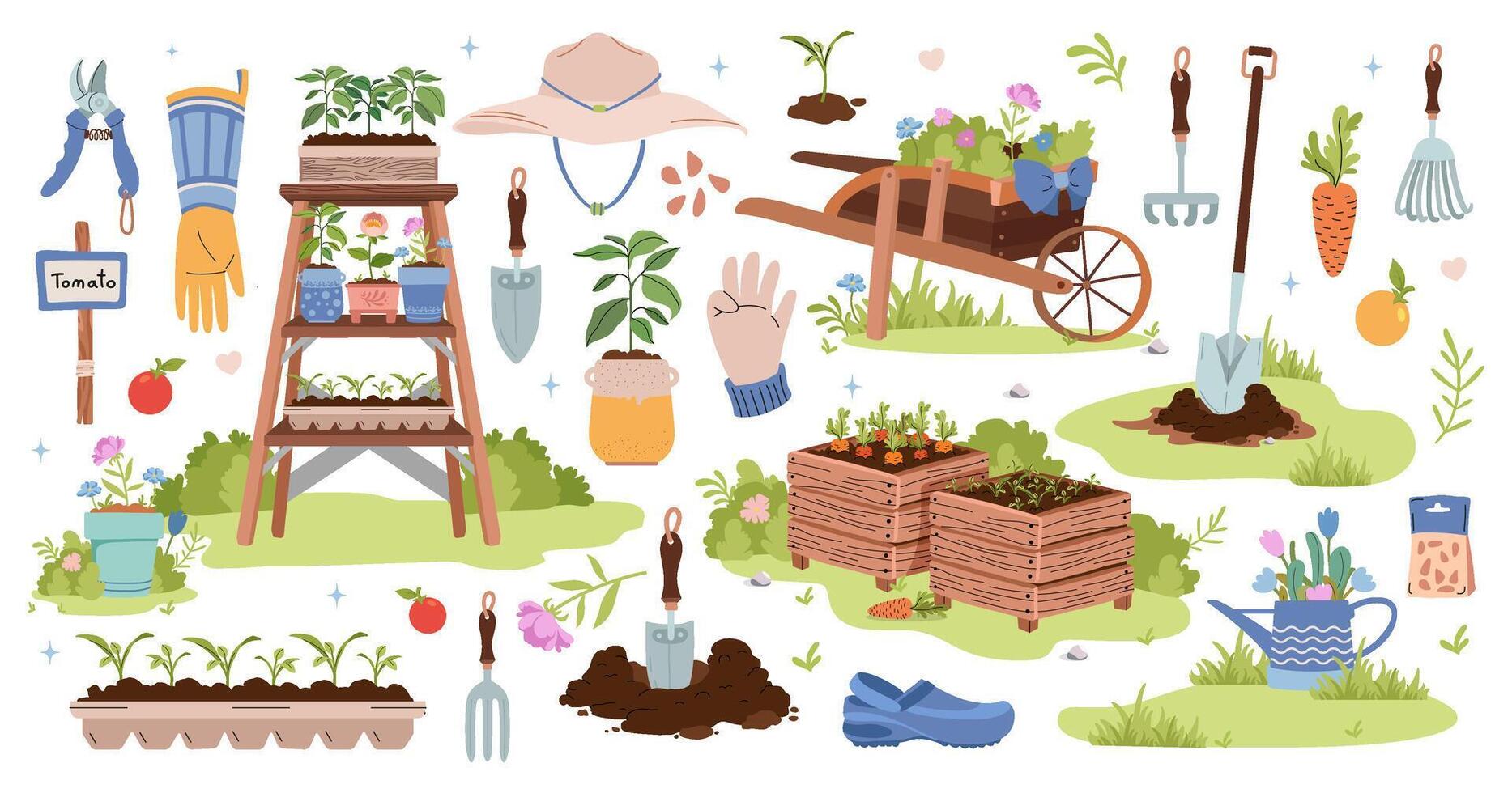 Gardening and agriculture vector illustrations big set. Garden tools, household collection. Growing vegetables. Spring greenhouse plants, seedlings, potting ladder, compost, cart. Landscape design.